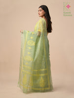 Load image into Gallery viewer, light parrot kasuti petal organza saree with border embroidery
