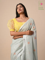 baby pink floret kasuti saree with cross stitch embroidery