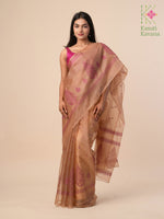 Load image into Gallery viewer, embroidered light brown organza kasuti saree border detail
