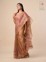 Load image into Gallery viewer, light brown kasuti organza saree with embroidery close-up
