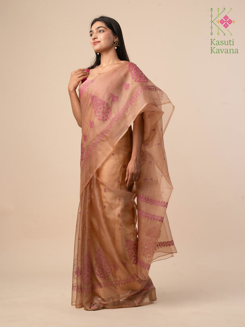 light brown kasuti organza saree with embroidery close-up