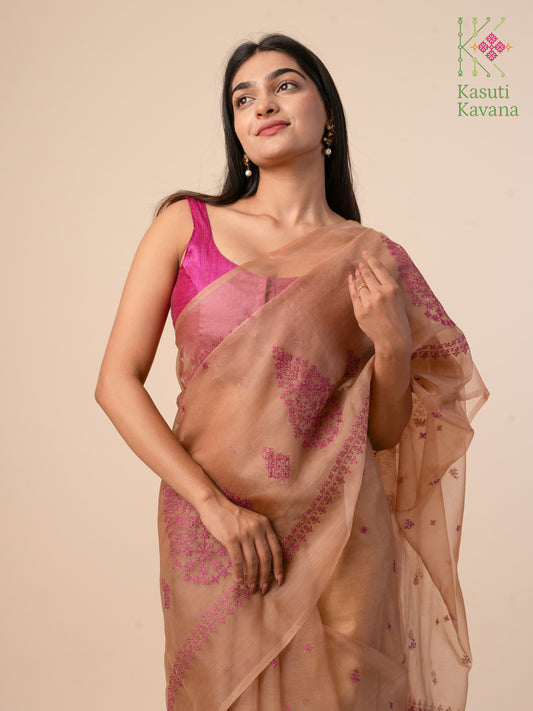 Light Brown Petal Organza Kasuti Saree