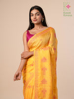 Load image into Gallery viewer, Pallu view of mango yellow classic kasuti saree with motifs
