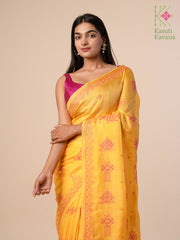 Pallu view of mango yellow classic kasuti saree with motifs
