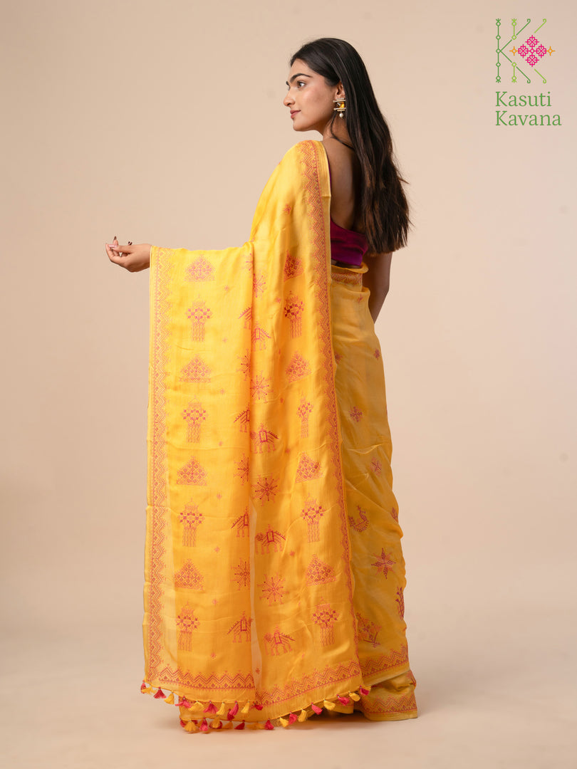 Full drape of mango yellow classic kasuti saree with designs