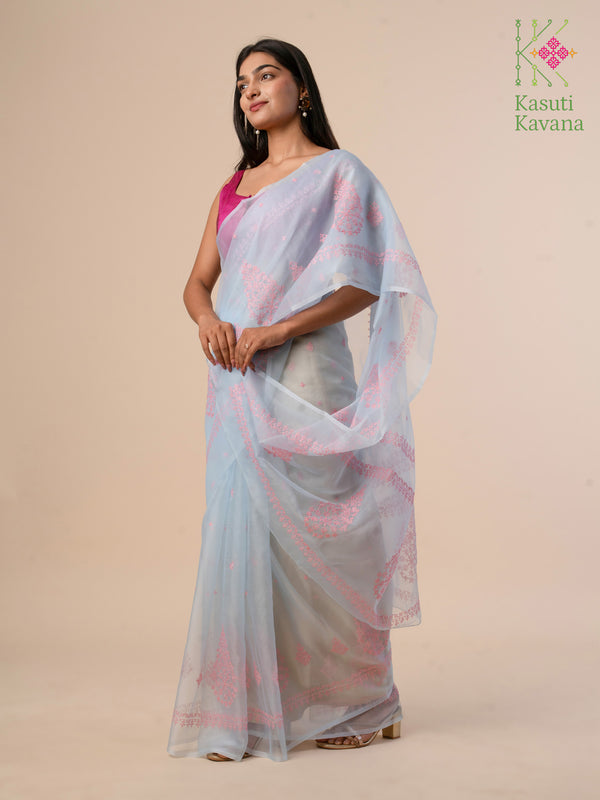 blue pink petal organza kasuti saree with embroidery front angle