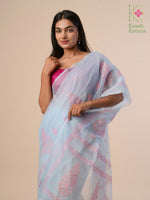 Load image into Gallery viewer, embroidered blue pink organza kasuti saree pallu view
