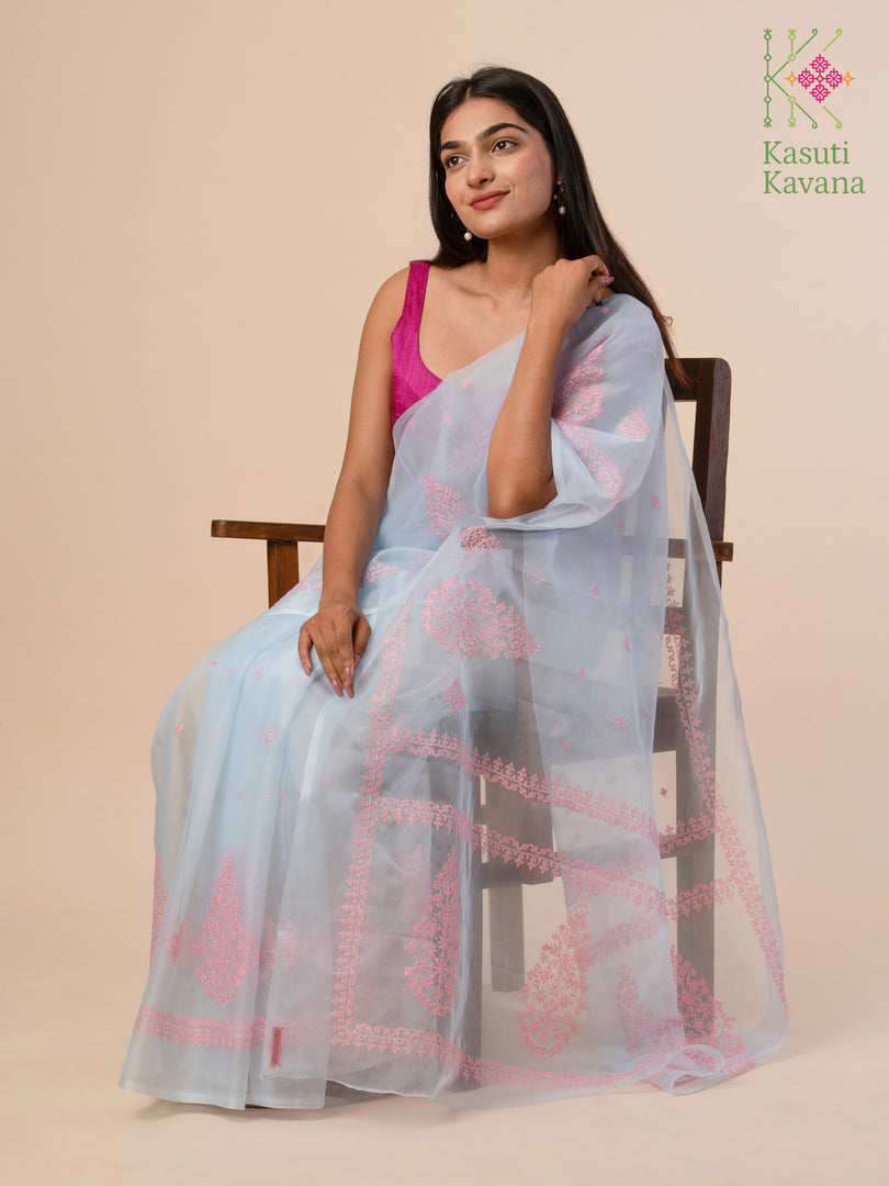 organza kasuti saree in blue pink petal design embroidery detail
