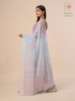 Load image into Gallery viewer, blue pink kasuti organza saree with embroidered motifs close view
