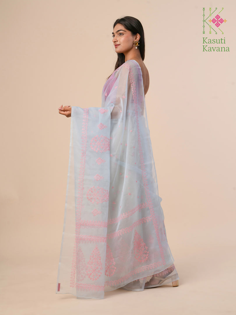 blue pink kasuti organza saree with embroidered motifs close view