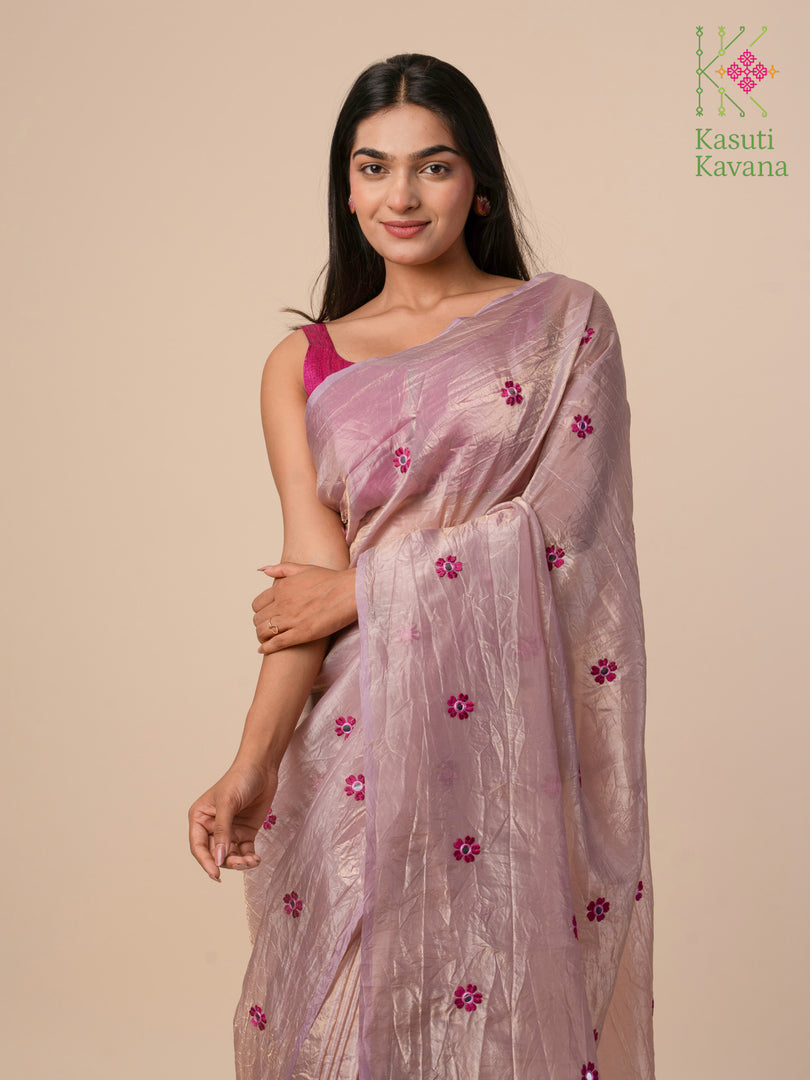 mirror embroidered rose faluda saree pallu view