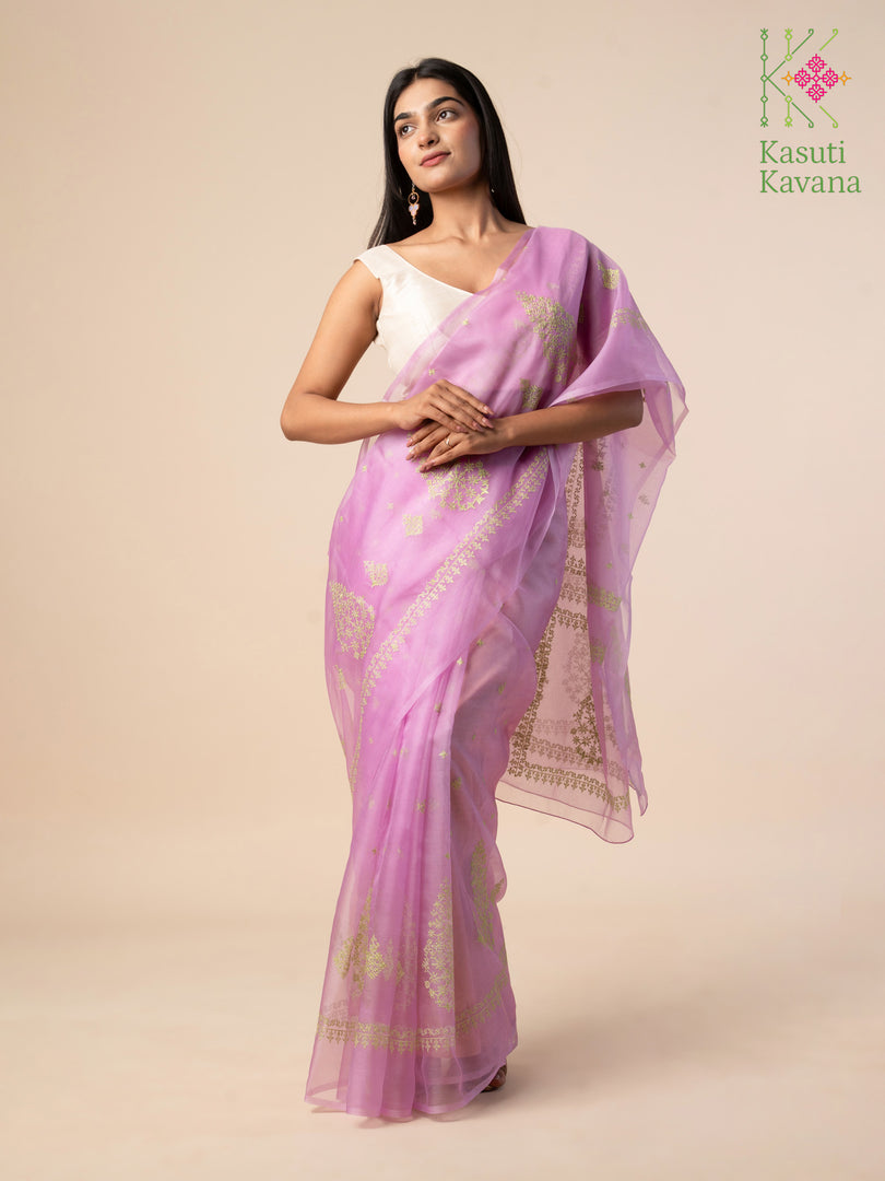 lilac organza kasuti saree in soft sheer fabric with embroidery details
