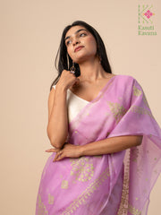 lilac organza kasuti saree with floral embroidery and lightweight drape