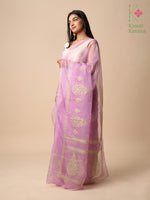 Load image into Gallery viewer, lilac organza kasuti saree with floral embroidery across body and border
