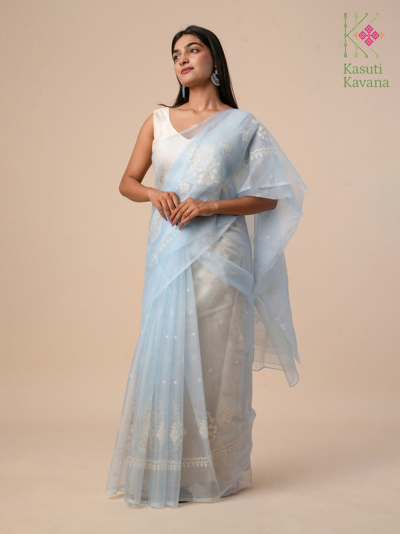Cornflower blue kasuti saree in organza fabric with floral motif detailing