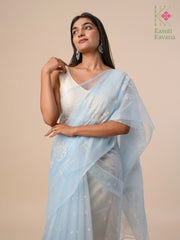 Cornflower blue petal organza kasuti saree featuring embroidered border close-up
