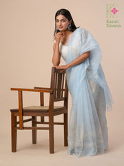 Cornflower blue organza kasuti saree with floral motifs and petal design