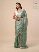 Load image into Gallery viewer, mint organza saree with flora embroidery pallu detail
