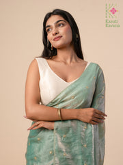 embroidered mint glass organza saree with floral motifs close view