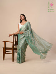 mint flora organza saree with floral embroidery front angle