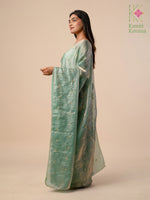 Load image into Gallery viewer, glass organza saree in mint with embroidered floral design
