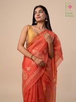 Load image into Gallery viewer, embroidered rust organza kasuti saree pallu detail

