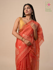 embroidered rust organza kasuti saree pallu detail