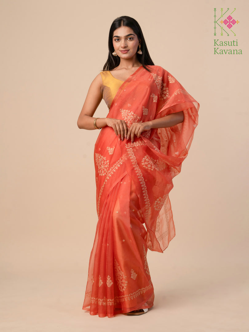 petal organza kasuti saree in rust with embroidery close-up