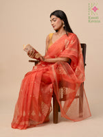 Load image into Gallery viewer, rust petal organza kasuti saree with embroidery front angle
