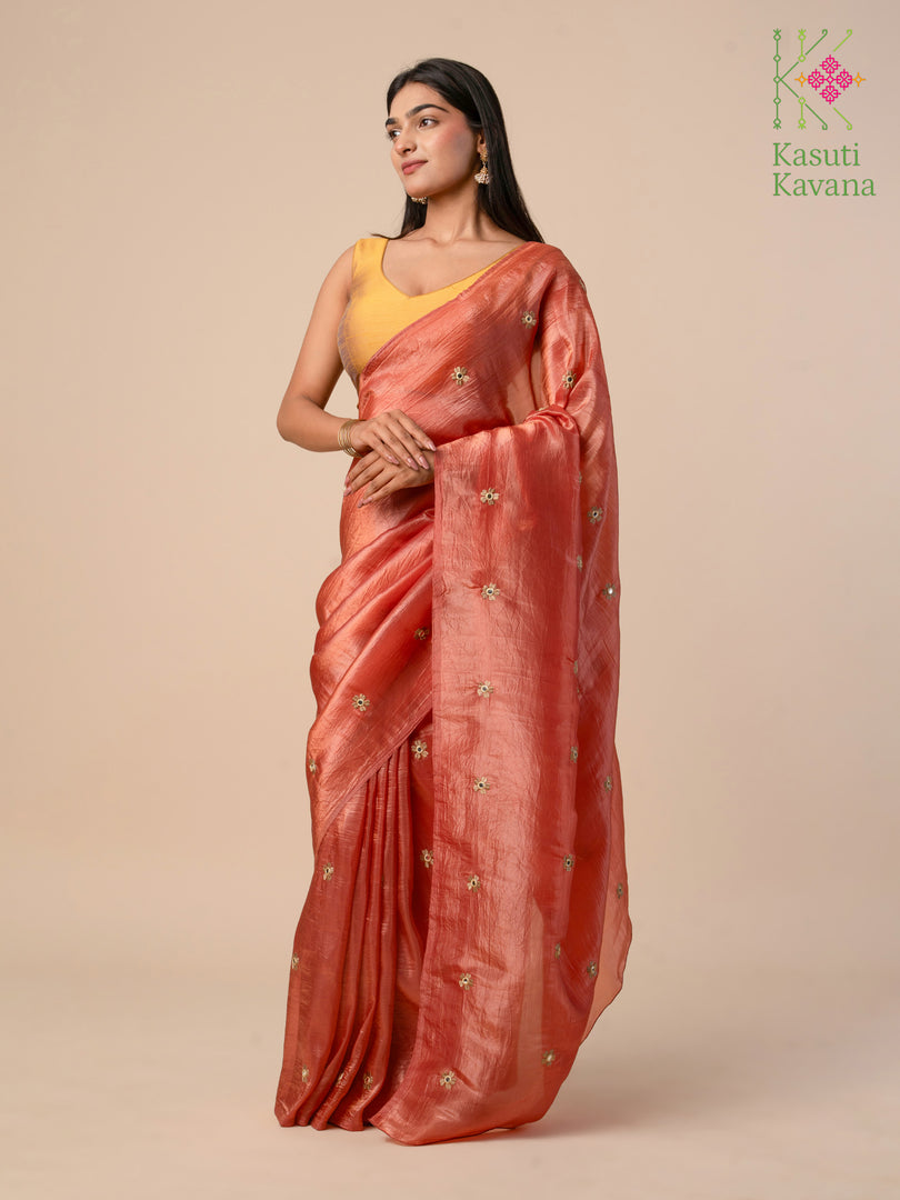 orange saree with faluda mirror work embroidery close view