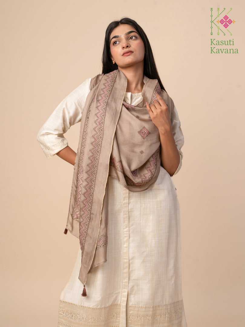 brown classic kasuti stole with embroidery front angle