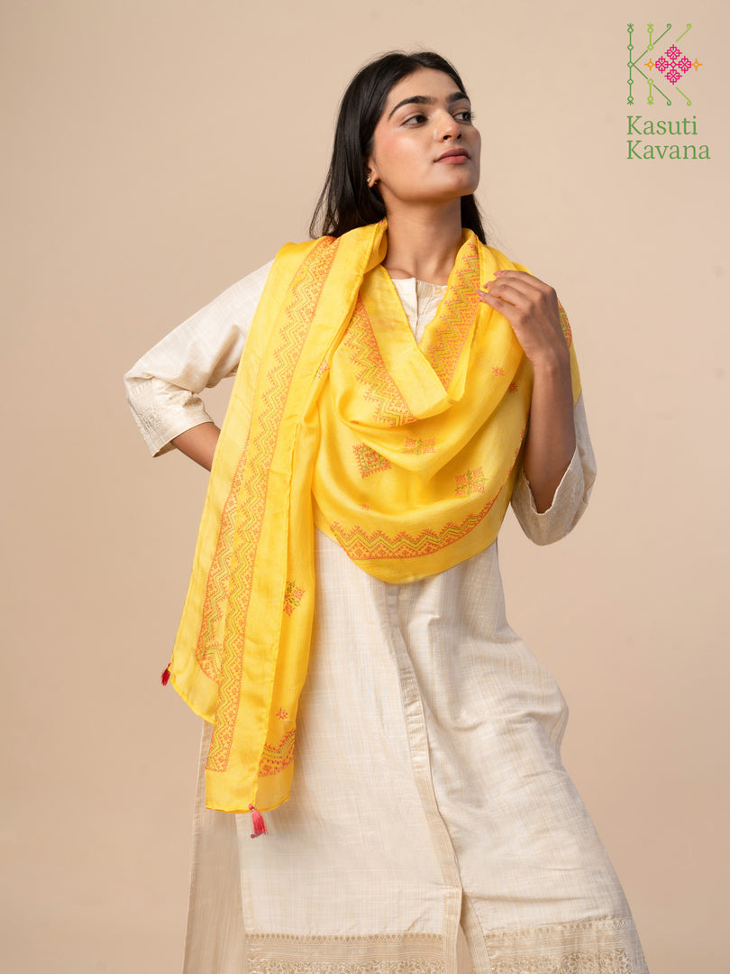 Sunflower yellow stole in classic style with embroidery motifs