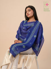 blue classic kasuti stole with embroidery front angle