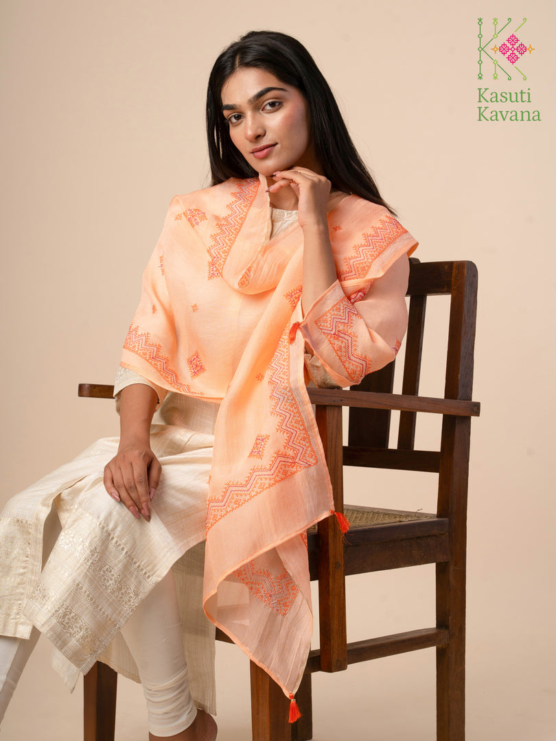 peach classic kasuti stole with embroidered border front view