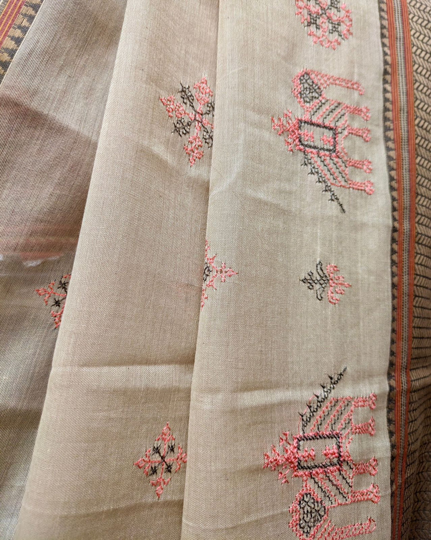 Embroidery close-up on cream cotton saree with aane kasuti designs
