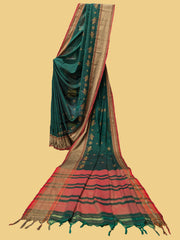 Green handwoven cotton saree with aane kasuti embroidery and woven motifs