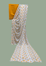 Load image into Gallery viewer, yellow rose printed periwinkle kasuti saree front angle
