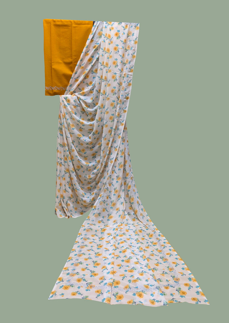 yellow rose printed periwinkle kasuti saree front angle