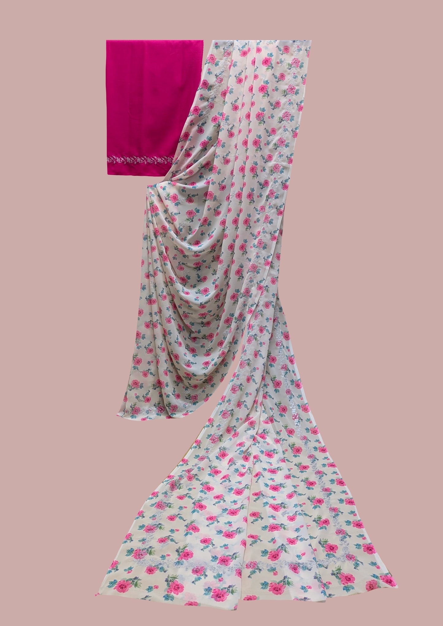 Rose Printed Periwinkle Kasuti Saree