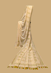 Pearl white kasuti saree with classic embroidery and textured drape