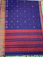 Load image into Gallery viewer, Full view of royal blue handwoven cotton saree with kasuti embroidered motifs
