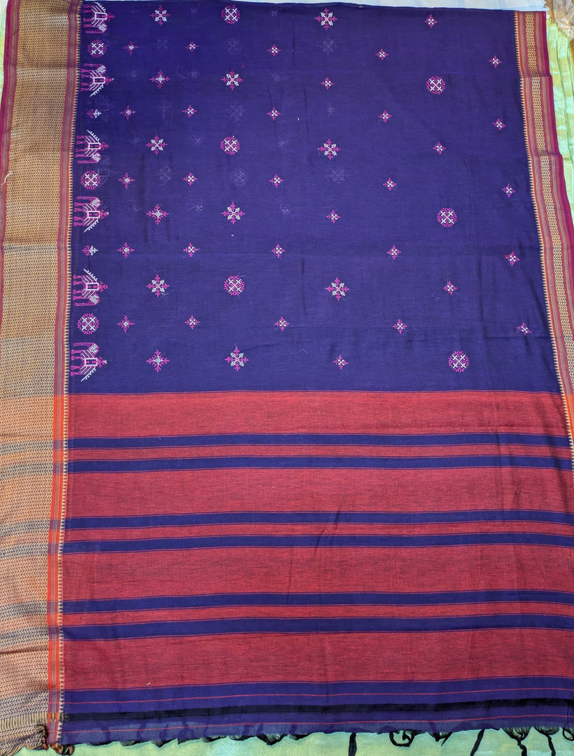 Full view of royal blue handwoven cotton saree with kasuti embroidered motifs