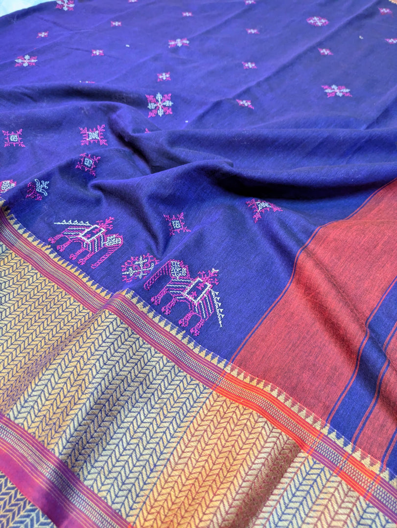 Cotton saree in royal blue with kasuti embroidery and aane design detail