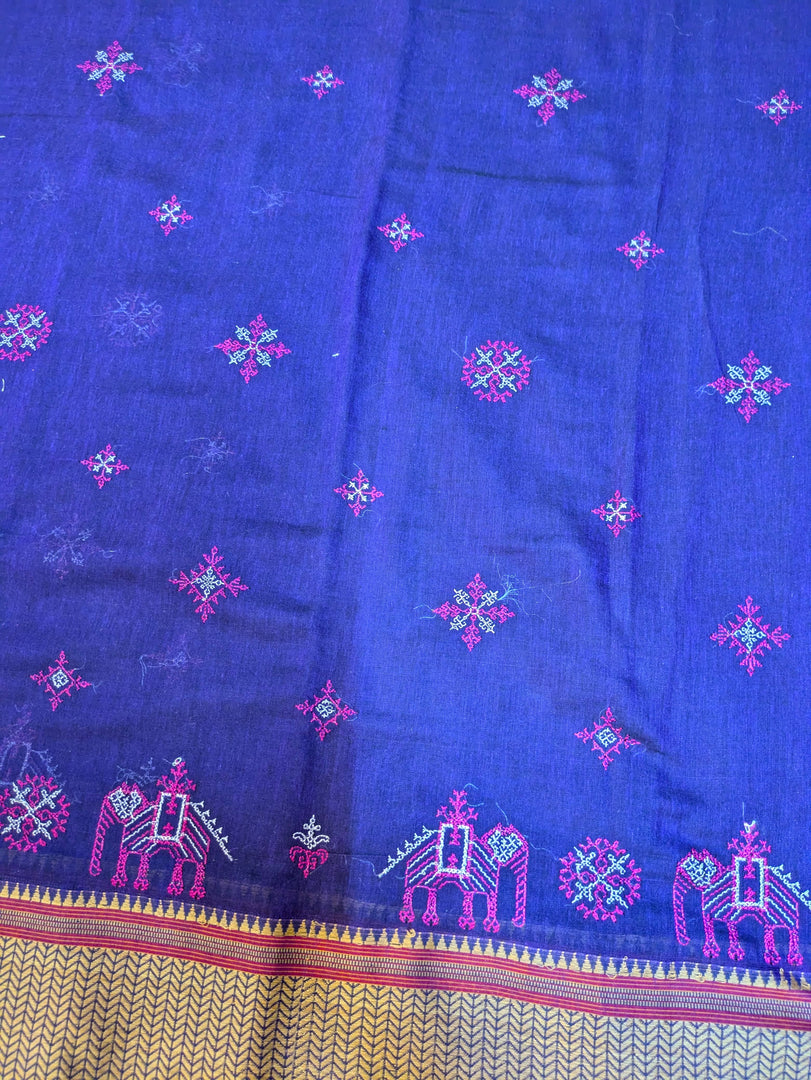 Aane kasuti embroidery highlighted on royal blue cotton saree pallu