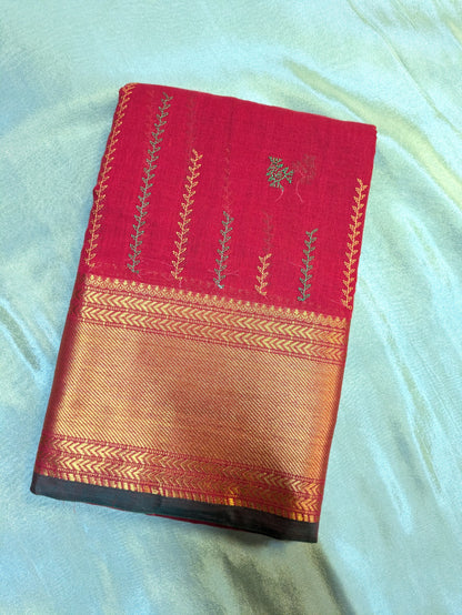 Red Hakki Kasuti Handwoven Cotton Saree