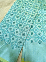 Load image into Gallery viewer, sky blue kasuti blouse with chaya embroidery patterns front neckline view
