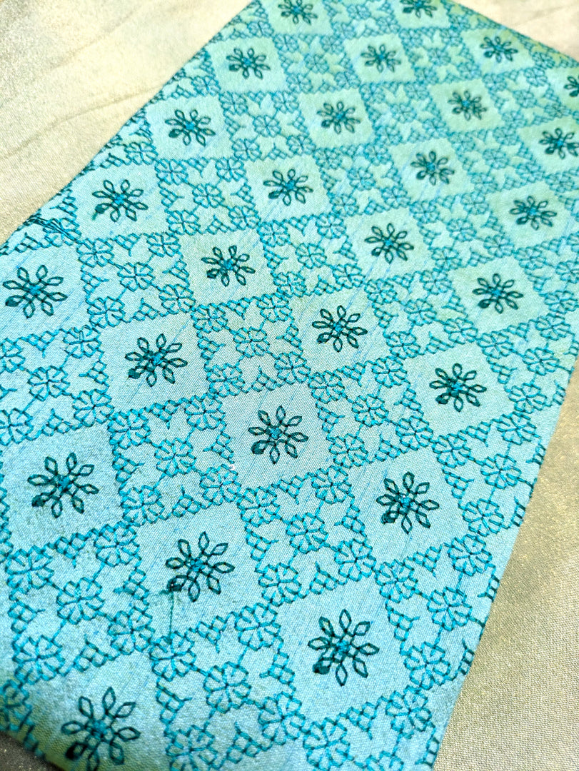 embroidery detail close-up on sky blue chaya kasuti blouse