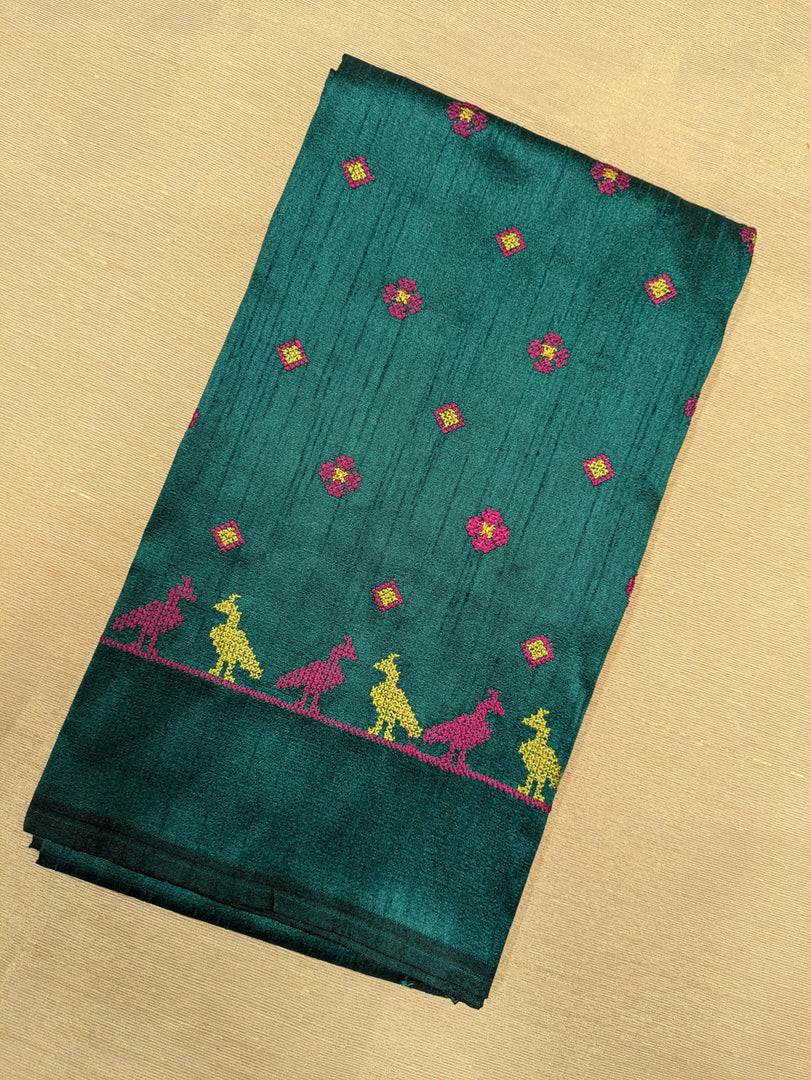 emerald green-blue mayur blouse with embroidered peacock motif front view