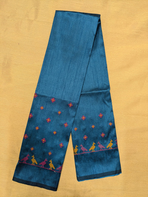 side view of ananda blue mayur blouse with embroidered peacock motif