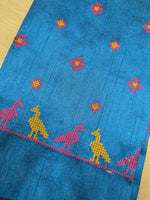 Load image into Gallery viewer, ananda blue mayur blouse with embroidered peacock motif front neckline view
